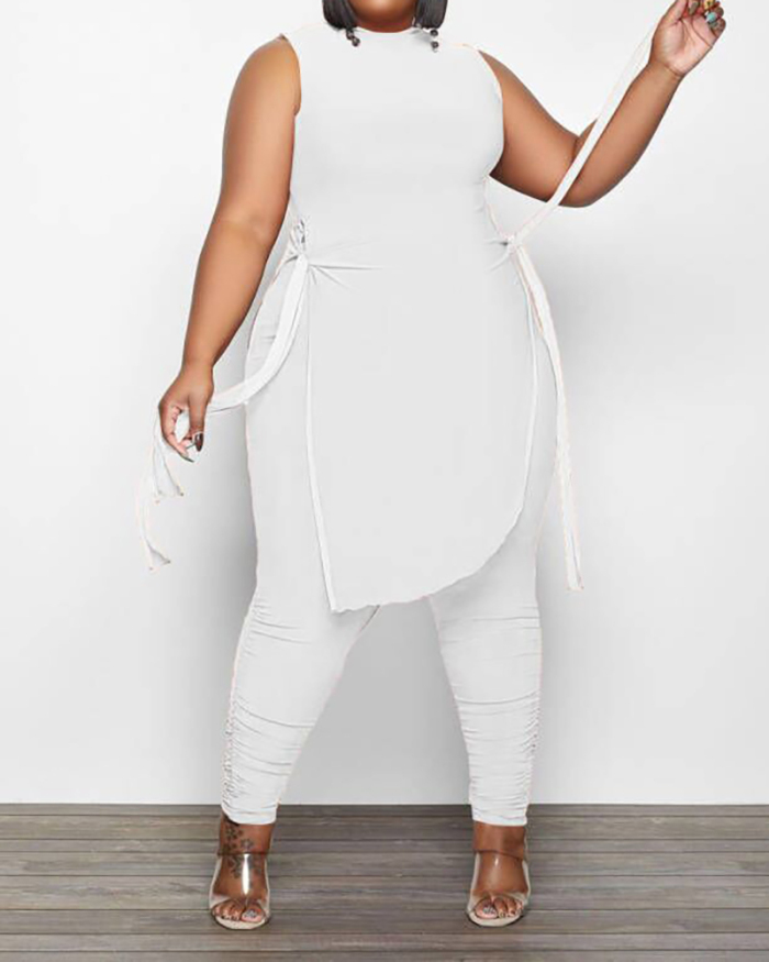 Sleeveless Women Plus Size Women Solid Color Two Piece Pant Set XL-5XL