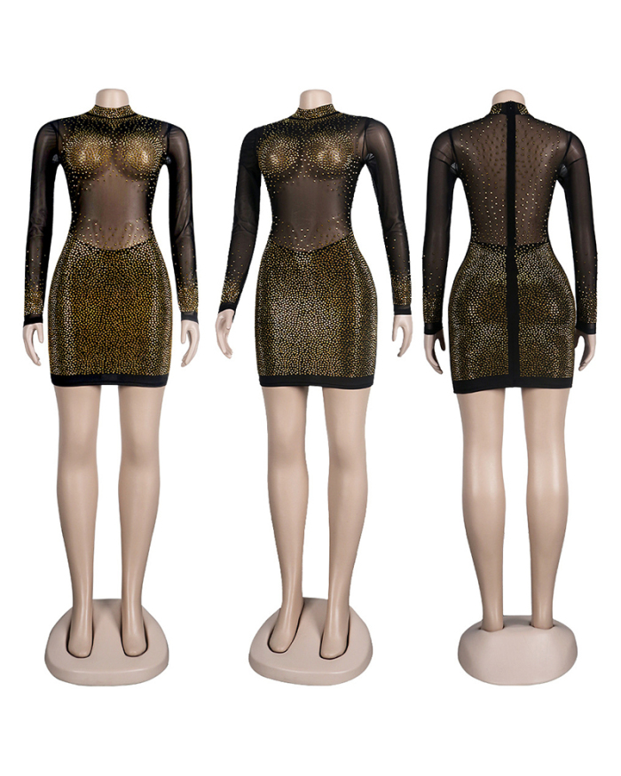 Women Long Sleeve Perspective Hot Drilling Mini Bodycon Dresses Club Dress Mini Dress Gold Colorful S-3XL