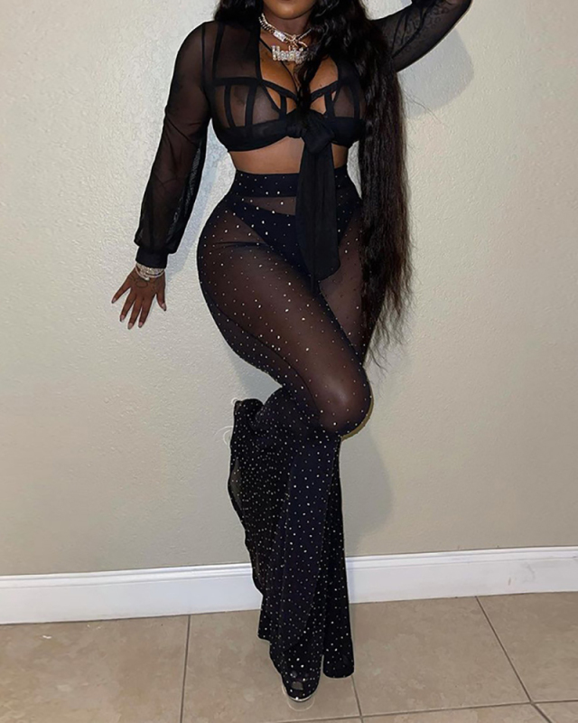 Women Long Sleeve Mesh Pants Sets Two Pieces Outfit Black S-XL
