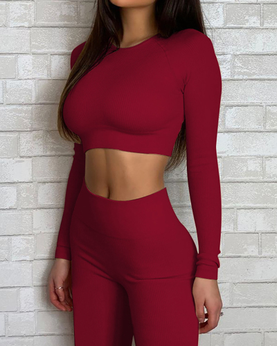 Ladies Fashion Knitted Seamless Yoga Wear Sports Fitness Long Sleeve S-L