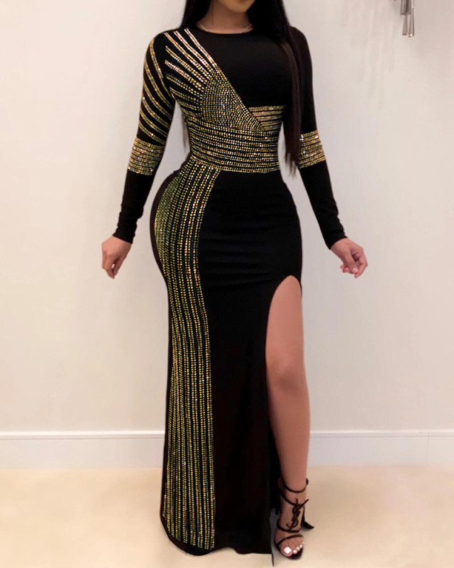 Casual Long Sleeve High Slit Hot Drilling Maxi Dresses Gold Black S-3XL