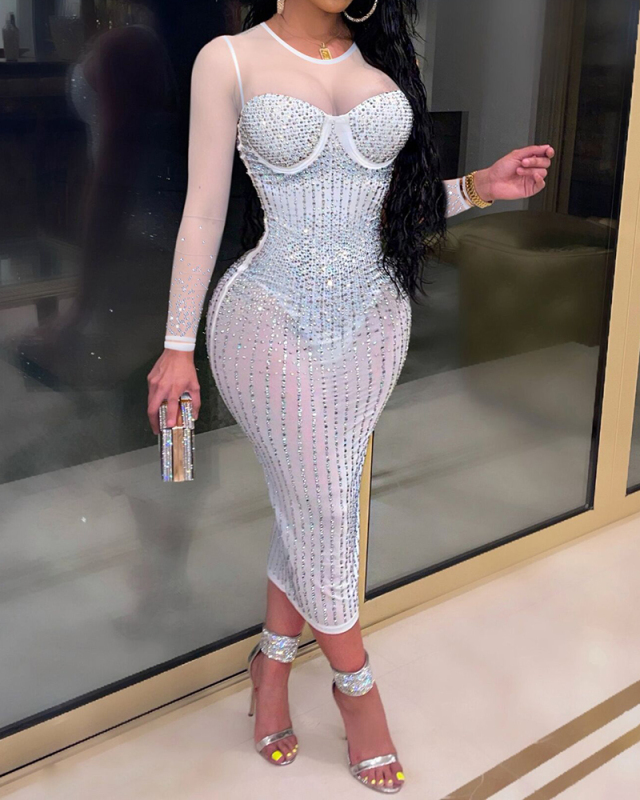 Women Mesh O Neck See Through Diamond Long-sleeved Dress Nightclub Casual Dresses White Apricot Black Silver S-5XL