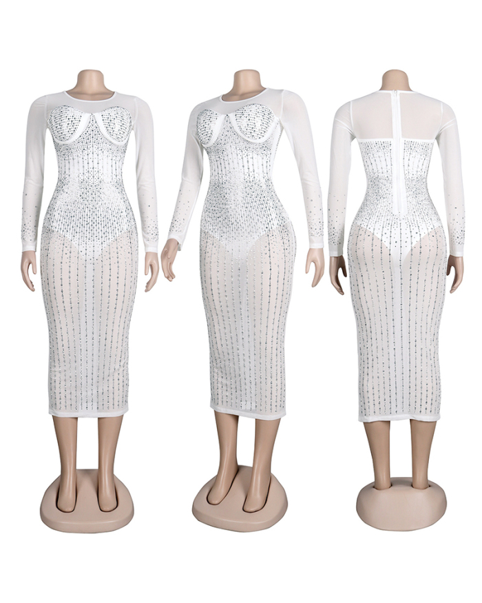 Women Mesh O Neck See Through Diamond Long-sleeved Dress Nightclub Casual Dresses White Apricot Black Silver S-5XL