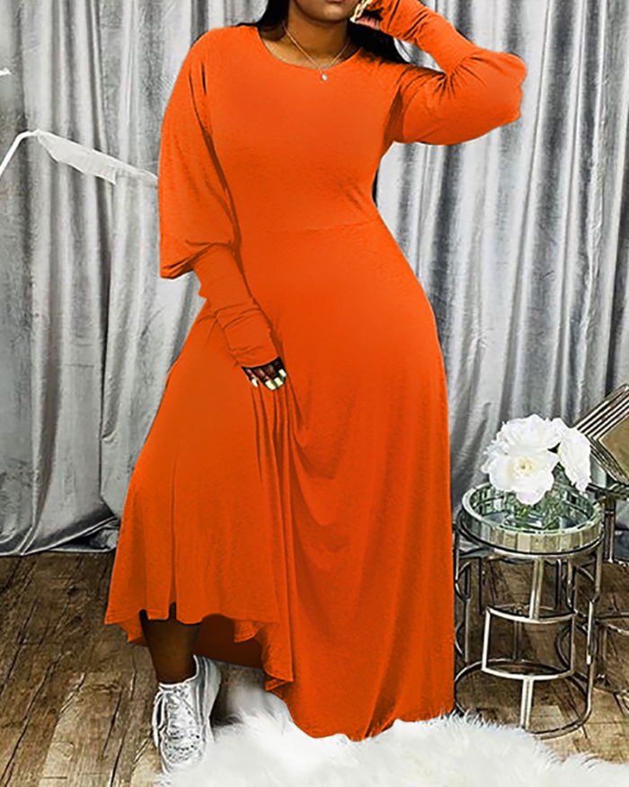 Ladies Fashion New Solid Color Round Neck Long Sleeve Long Dress S-4XL