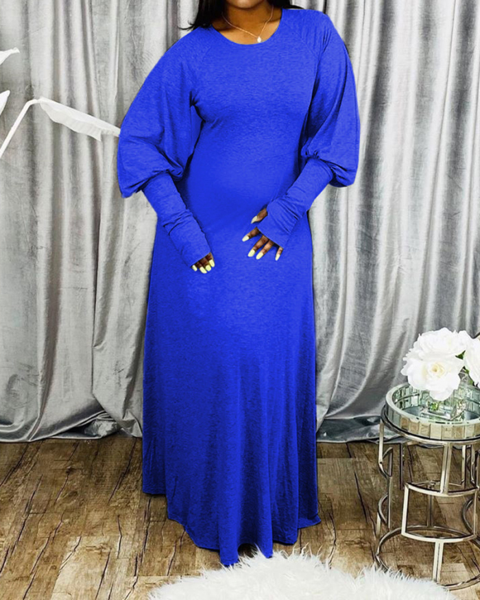 Ladies Fashion New Solid Color Round Neck Long Sleeve Long Dress S-4XL