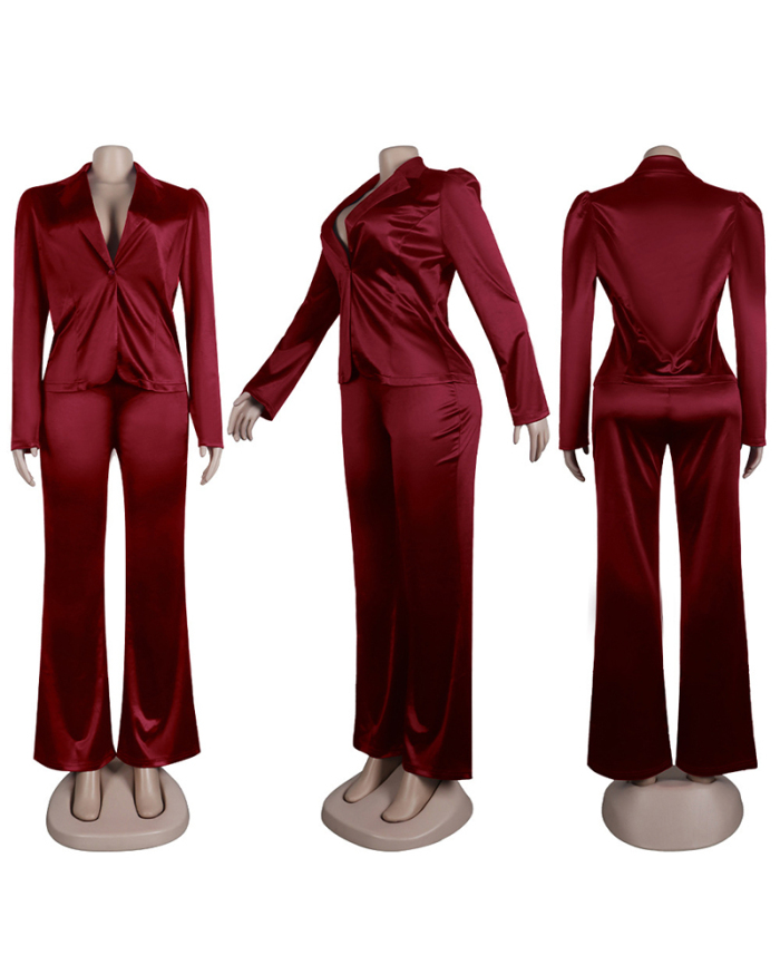 Women Long Sleeve Solid Color Wide Leg Pants Sets Two Pieces Outfit Wine Red Black S-XL