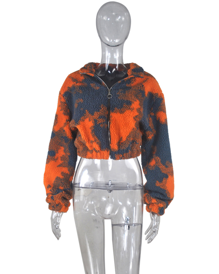 Women Winter Long Sleeve Tie Dye Turtleneck Short Coats Orange S-3XL