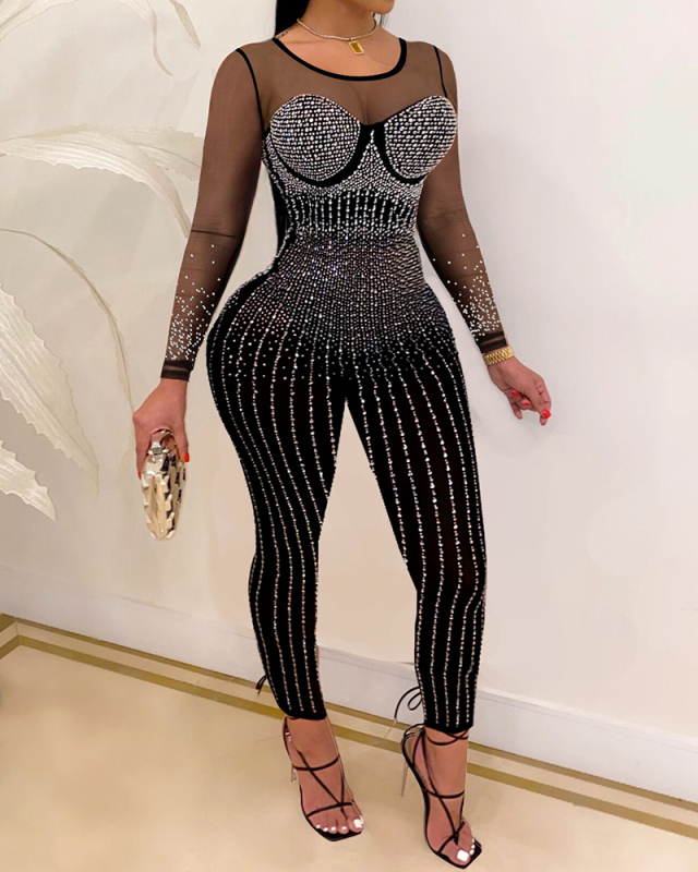 Women Long Sleeve Hot Drilling Mesh Deep V-neck Jumpsuits Black S-3XL