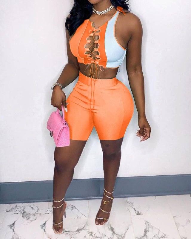 Lady Cross Strappy Sleeveless Colorblock Two Piece Set Orange Purple Gray Green XS-2XL 