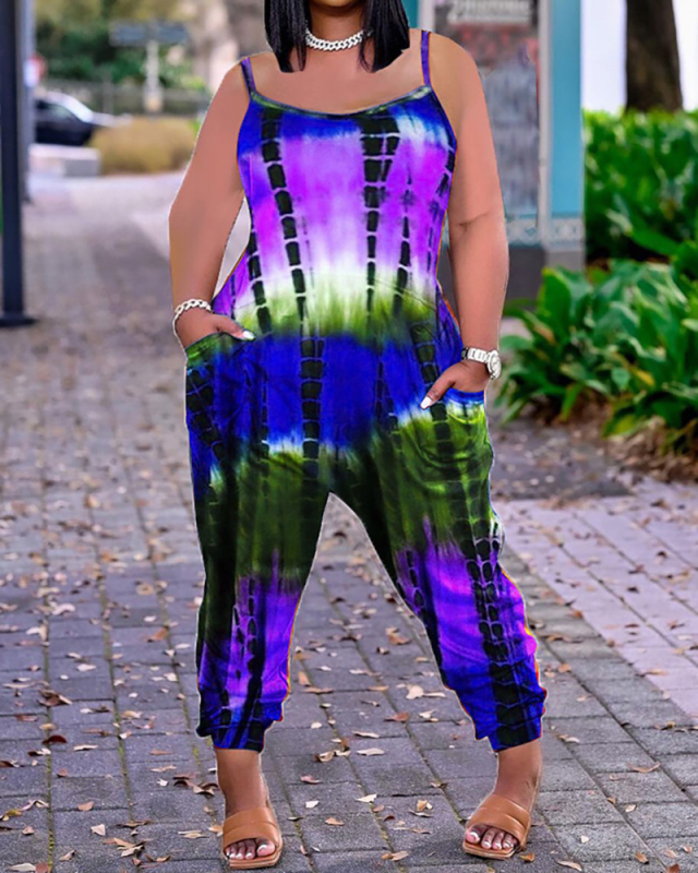 Lady Printing Sleeveless Sling Tie Dye Jumpsuit Yellow Red Purple Green S-2XL 
