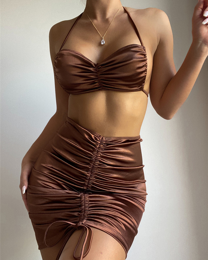 Women Sexy Drawstring Halter Neck Solid Color Three-piece Swimsuit Coffee S-L