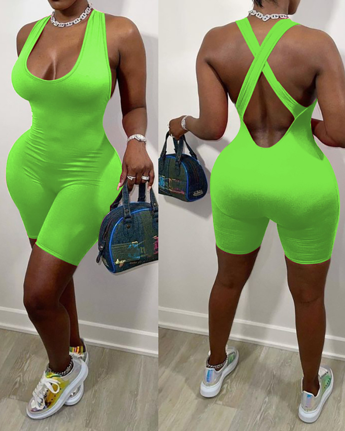 Women Sleeveless V-neck Hollow Out Solid Color Rompers Flourescent Green White Yellow Orange Black S-2XL