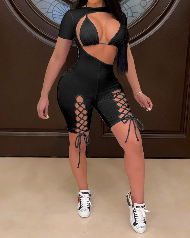Lady Solid Color Hollow Out Short Sleve Cross Strappy Jumpsuit White Yellow Orange Red Gray Black Rose Red S-2XL 