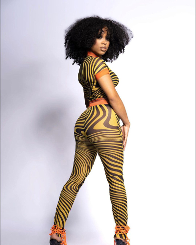 Stripe Women Yellow See Through Two Piece Pant Set S-XXL