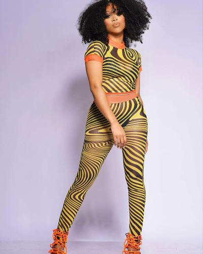 Stripe Women Yellow See Through Two Piece Pant Set S-XXL