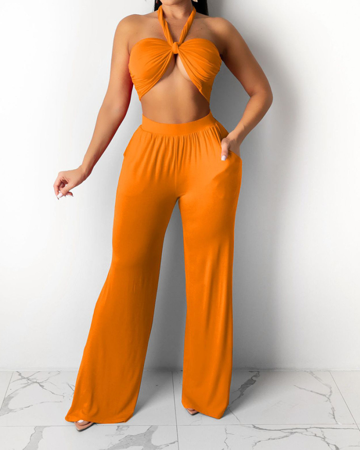 Lady Solid Color Halter Street Style Two Piece Set Yellow Orange Red Black Green S-2XL 