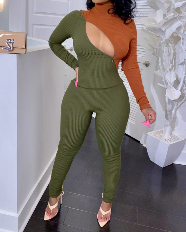 Lady Colorblock Hollow Out Lonfg Sleeve Two Piece Set Green Black Wine Red S-2XL 