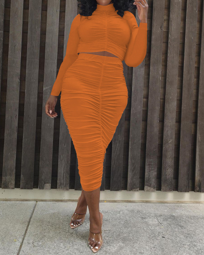 Lady Solid Color Pleated Long Sleeve Two Piece Set White Orange Red Black S-3XL 
