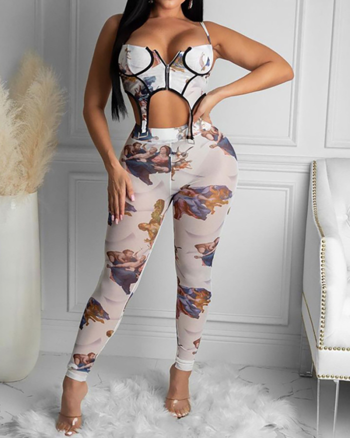 Lady Hollow Out Sexy Printing Causal Sling Two Piece Set White Orange Blue S-L 