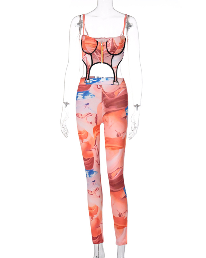 Lady Hollow Out Sexy Printing Causal Sling Two Piece Set White Orange Blue S-L 