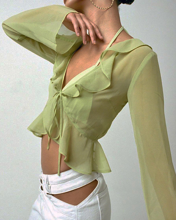 Lady Solid Color Sexy V-Neck Long Sleeve Tops Green S-L 