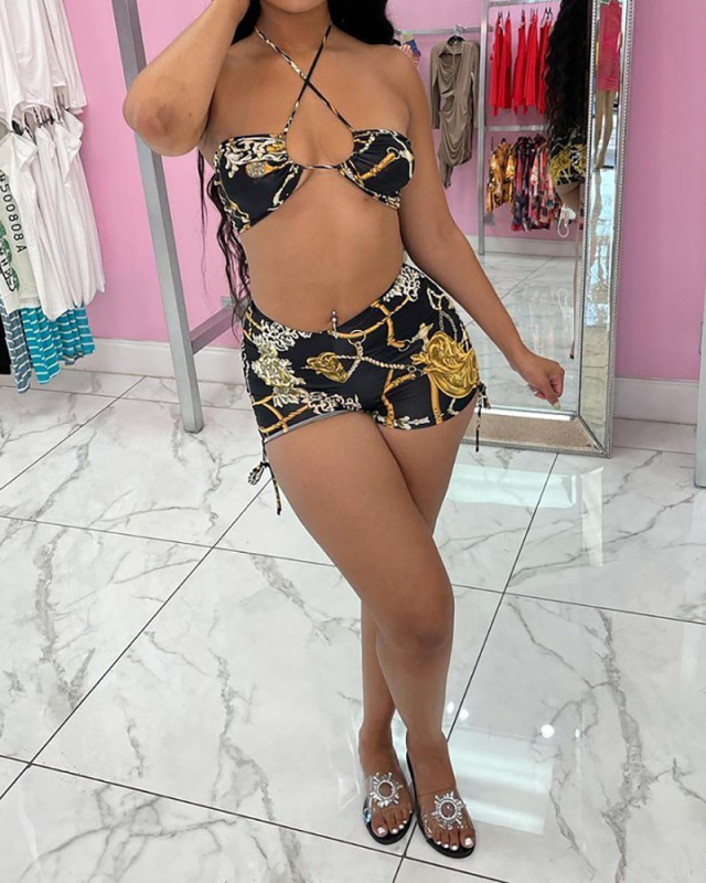 Lady Cross Strappy Halter Printing Two Piece Set Black Green S-2XL 