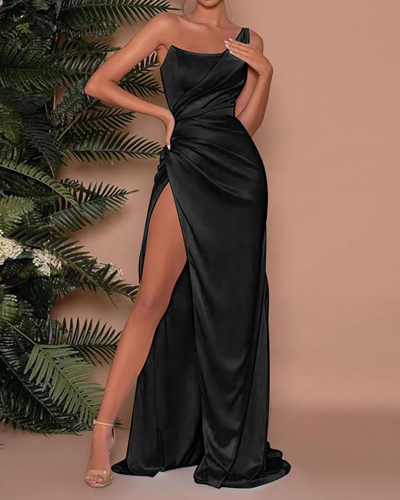 Solid Color Sleeveless Sexy One Shoulder High Slit Long One-piece Dress Black Champagne S-L