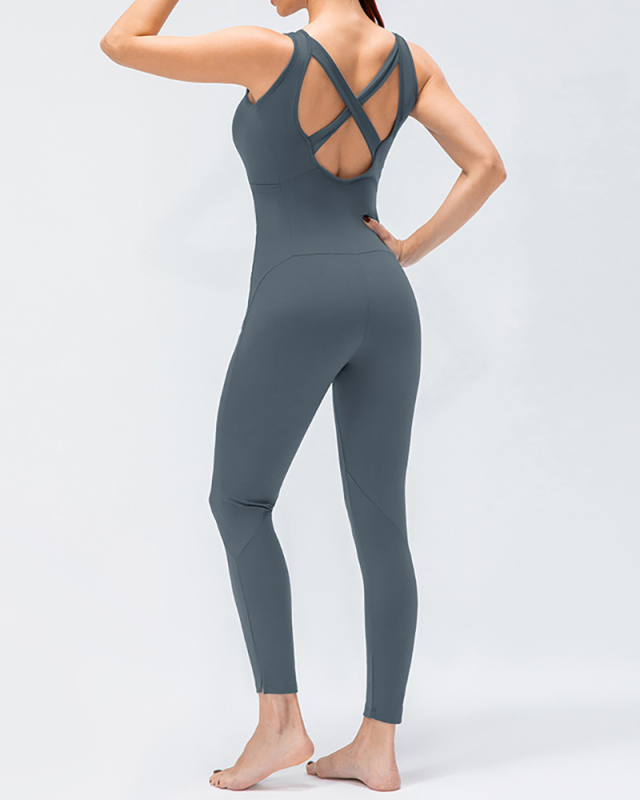 Women's Fashion New Style Sleeveless Pure Color V-neck Sexy Open Back Sports Jumpsuit S-XL