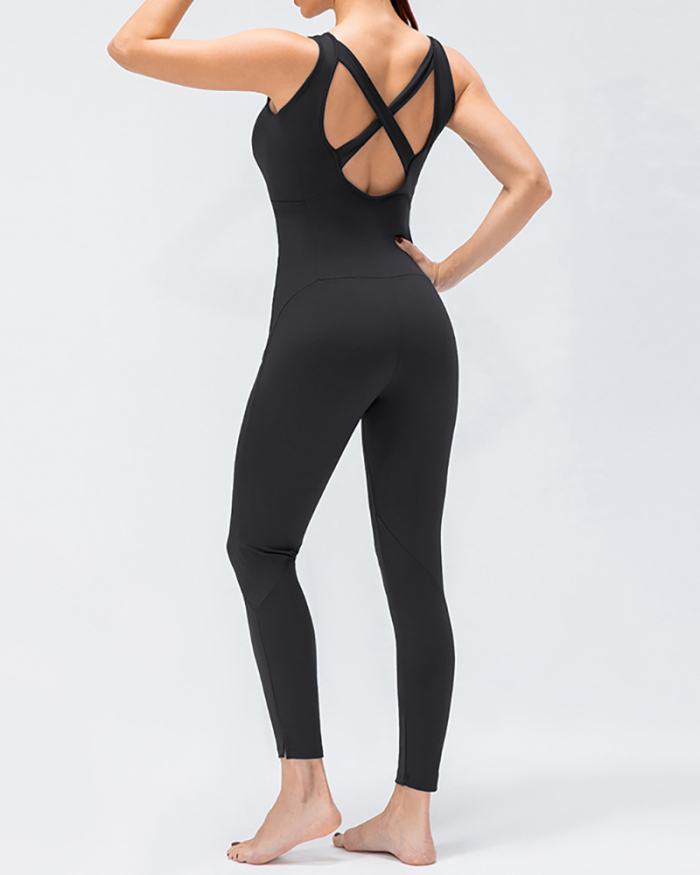 Women's Fashion New Style Sleeveless Pure Color V-neck Sexy Open Back Sports Jumpsuit S-XL