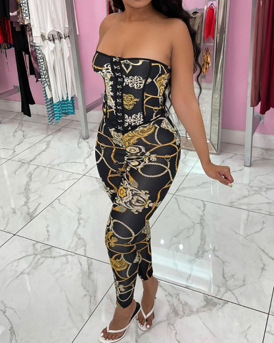 Lady Printing Sexy Backless Jumpsuit Black Green S-2XL 