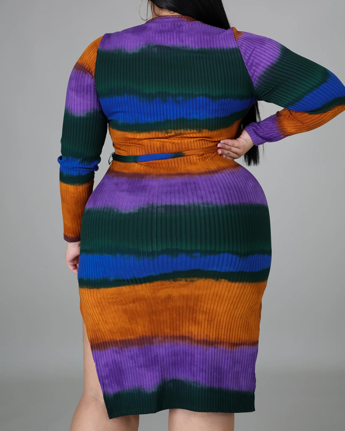 Women Long Sleeve Colorblock Striped Plus Size Dresses L-4XL