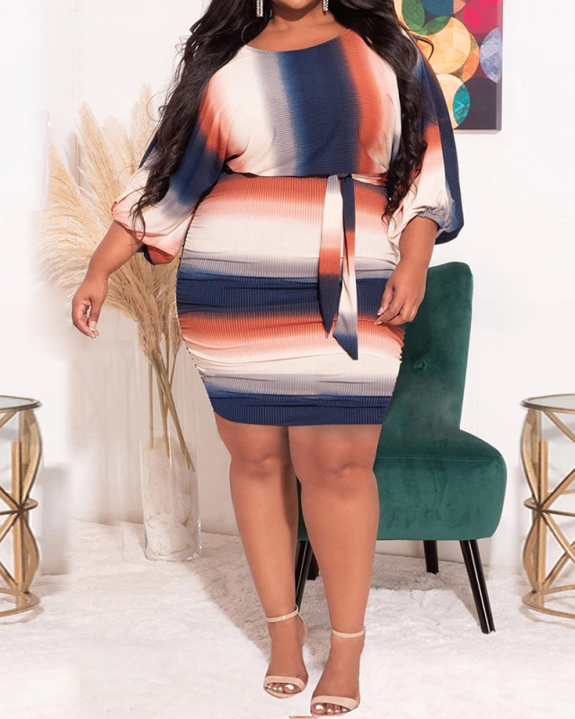 Women O-neck Long Sleeve Rainbow Striped Plus Size Dresses L-4XL