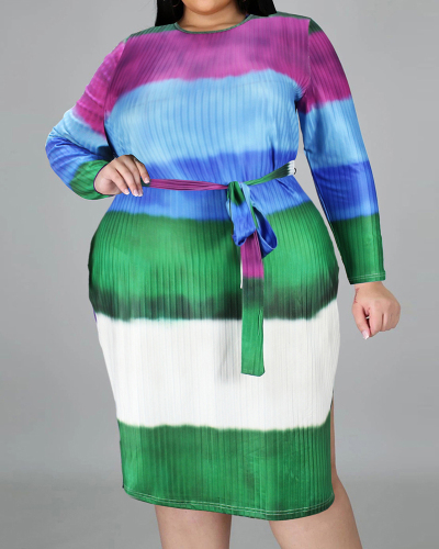 Women Long Sleeve Colorblock Striped Plus Size Dresses L-4XL