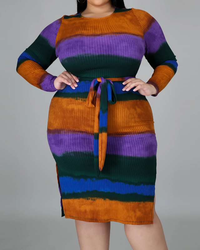 Women Long Sleeve Colorblock Striped Plus Size Dresses L-4XL