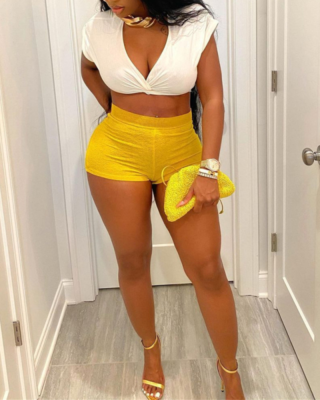 Women's Fashion New V-Neck Short Sleeve Short Two Piece Set S-XL