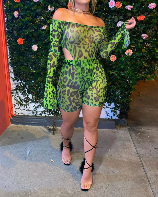 Women's Fashion New Sexy Mesh Print Green Two Piece Set S-XL