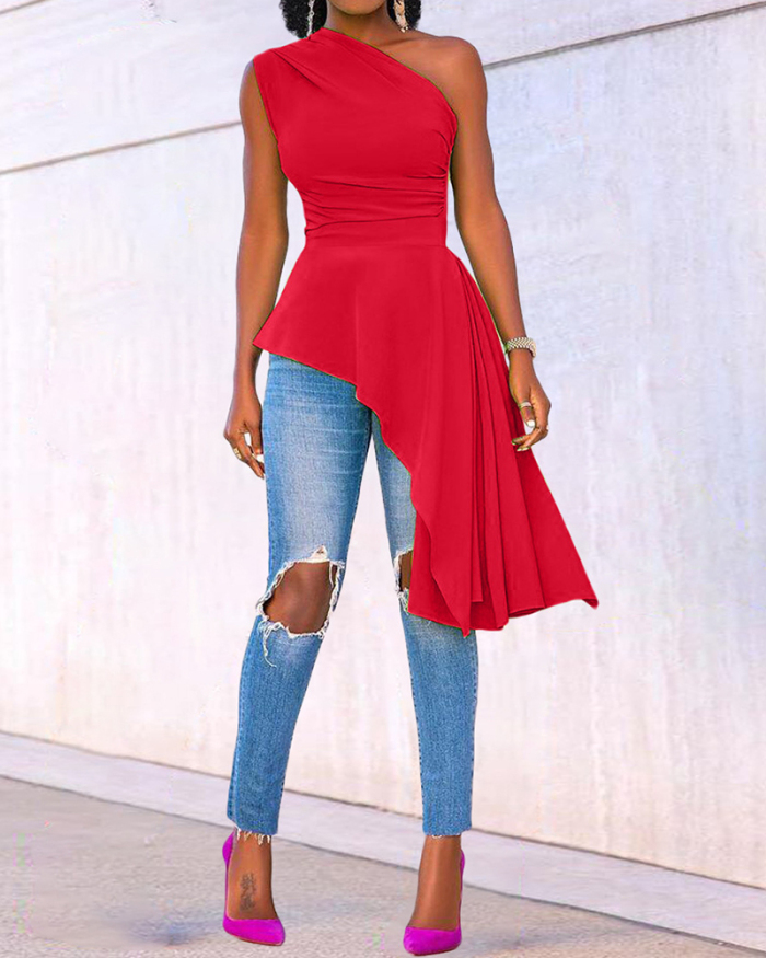 Stylish Women One Shoulder Solid Color Irregular Casual Dresses Yellow Red Green Black Blue S-2XL