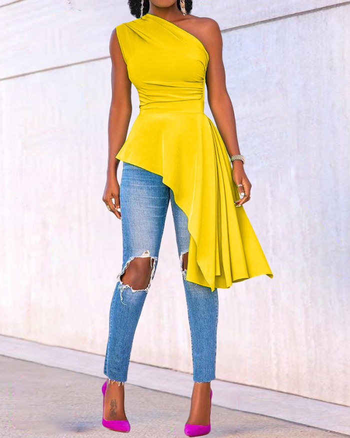 Stylish Women One Shoulder Solid Color Irregular Casual Dresses Yellow Red Green Black Blue S-2XL