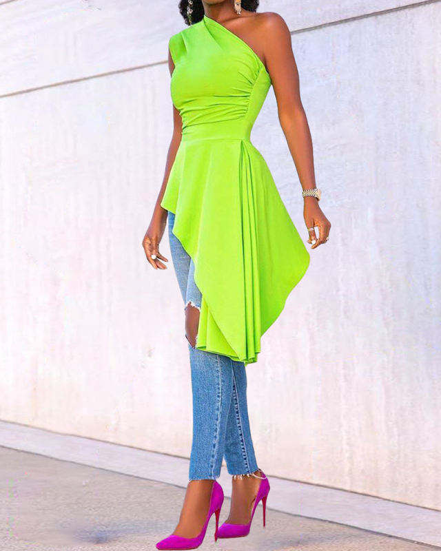 Stylish Women One Shoulder Solid Color Irregular Casual Dresses Yellow Red Green Black Blue S-2XL