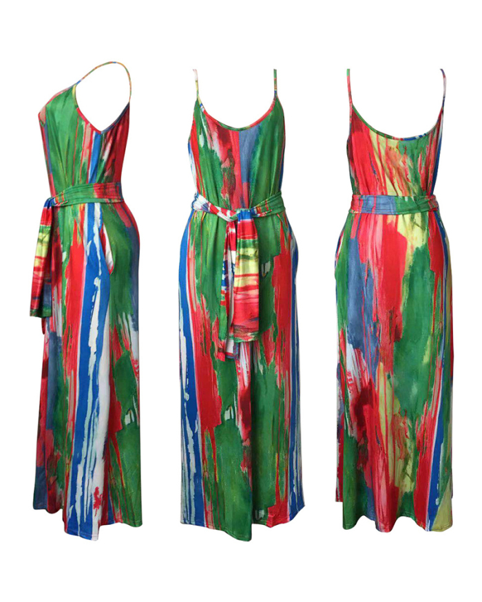 Women Sleeveless V-neck Printed Maxi Floral Dresses Pink Black Green Red Rose Red S-2XL