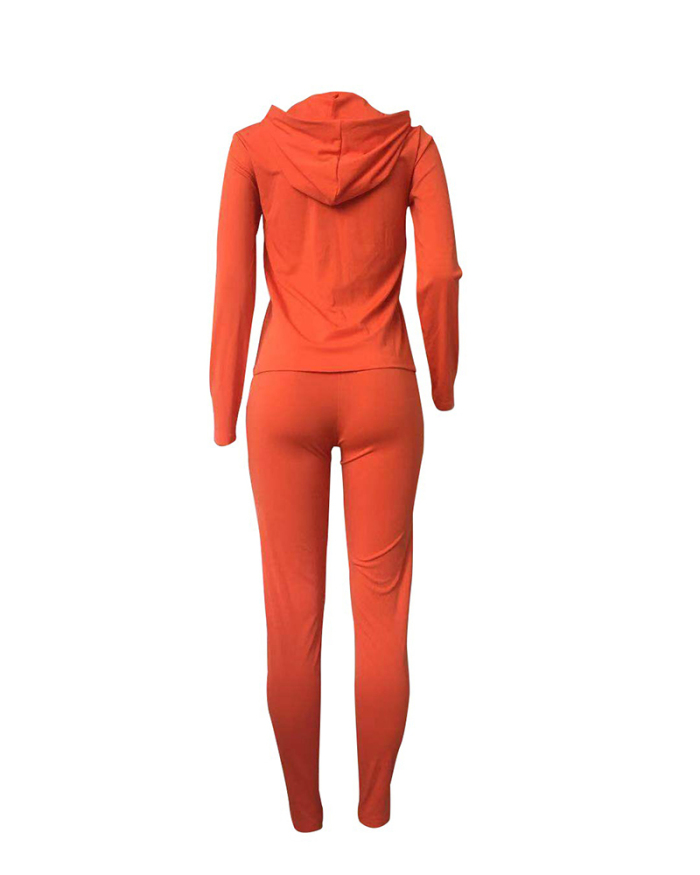 Women Long Sleeve Solid Color Zipper Hoodies Top Slim Pants Sets Two Pieces Outfit S-2XL
