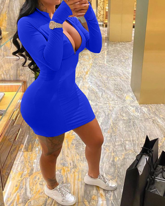 Solid Color Women Long Sleeve Zipper Neck Mini Casual Dresses S-2XL