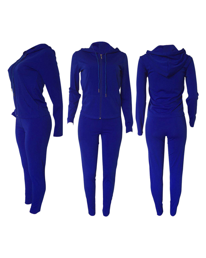 Women Long Sleeve Solid Color Zipper Hoodies Top Slim Pants Sets Two Pieces Outfit S-2XL