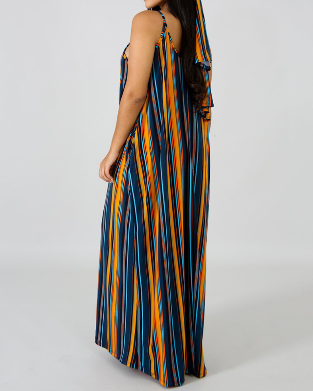 Women Strap Sleeveless Striped Casual Maxi Dresses Pink Orange Green Navy Blue S-2XL
