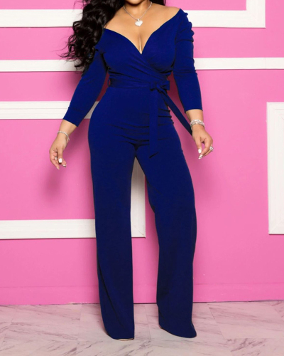 Women Long Sleeve Sexy V-neck Solid Color Jumpsuits Red Green Blue Navy Blue S-2XL