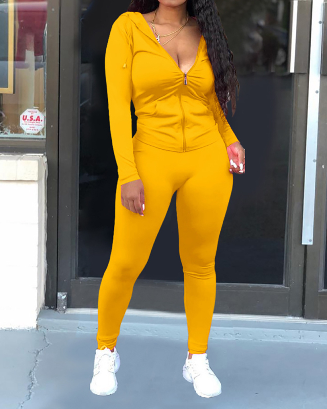 Women Long Sleeve Solid Color Zipper Hoodies Top Slim Pants Sets Two Pieces Outfit S-2XL