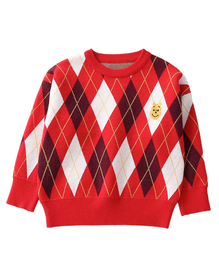 Mom's & Kid's Autumn & Winter Rhombus Long Sleeve O-neck Winter Sweater Red