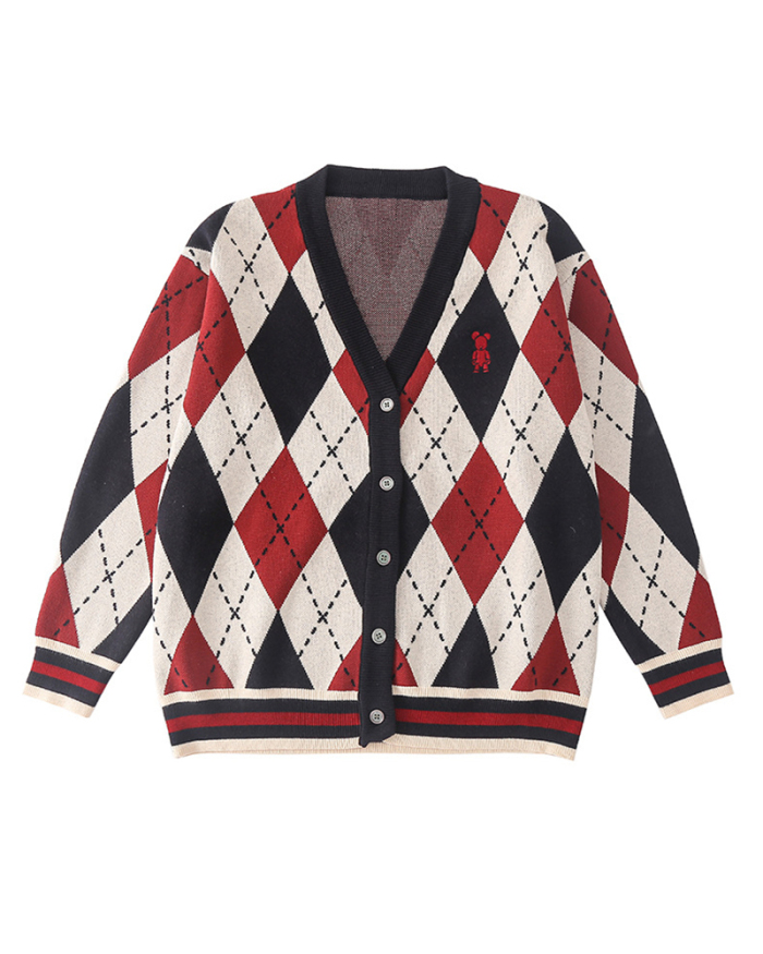 Mom's & Kid's Rhombus Printed Long Sleeve O-neck Winter Sweater Cardigan