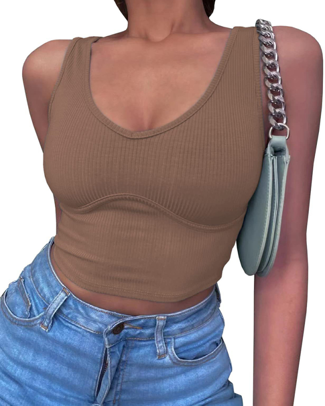Ladies Fashion New Slim Sexy Deep V Neck Chest Stitching Solid Color Knit Vest S-XL