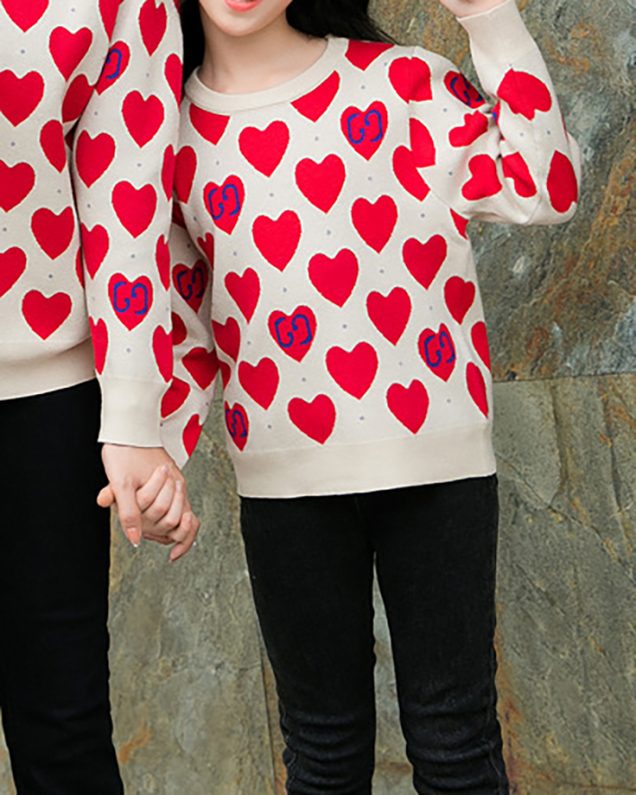 Mom's & Kid's Heart Long Sleeve O-neck Winter Sweater Apricot